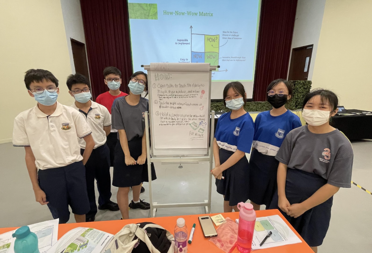 Seven masked students stand around a whiteboard with notes, in front of a How-Now-Wow Matrix presentation slide.
